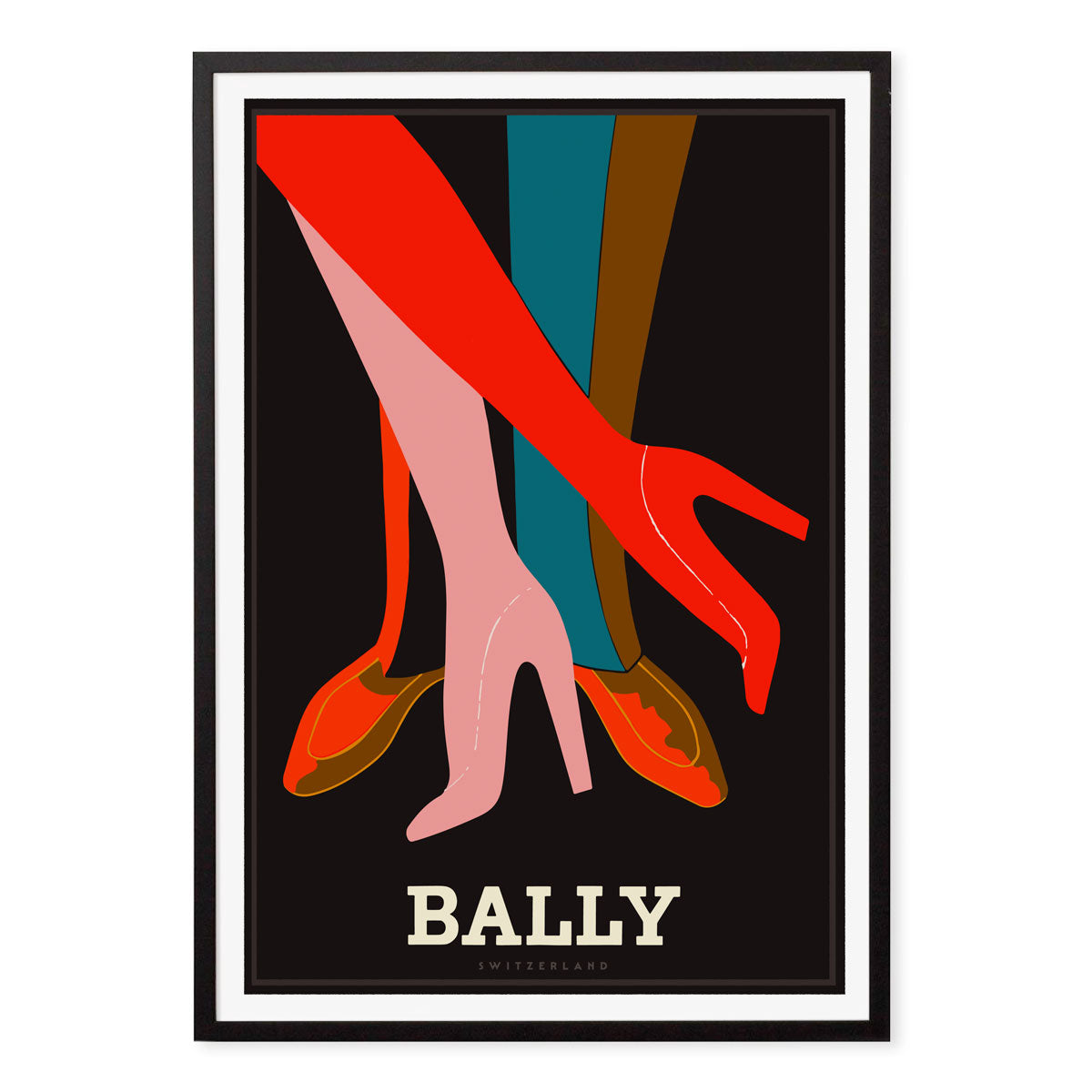 Black framed retro vintage advertising poster for Bally Shoes Switzerland from Places We Luv