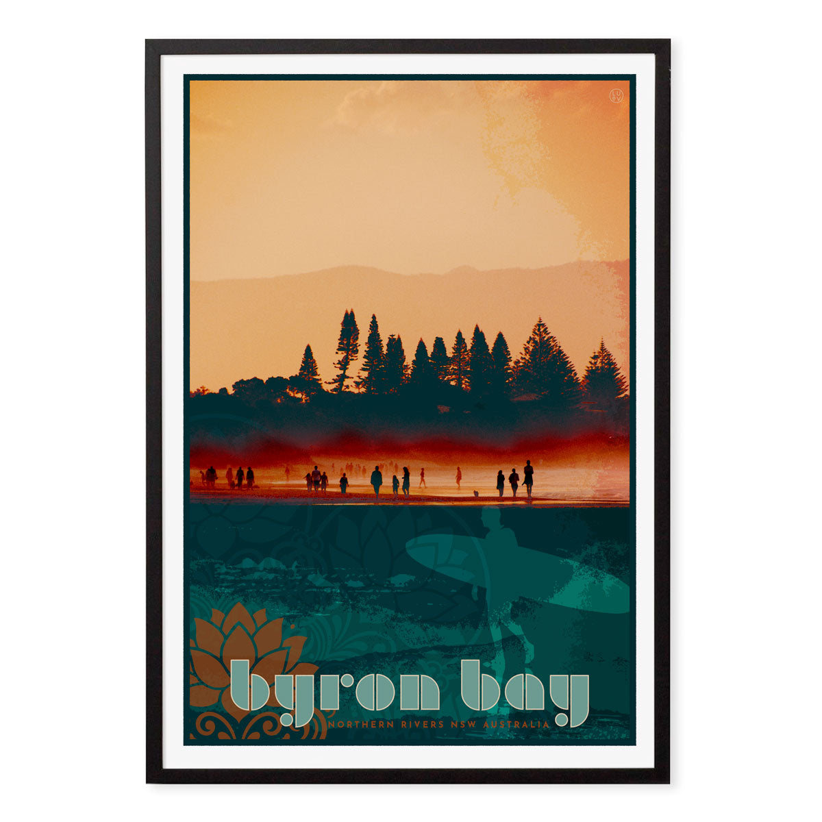 Byron Bay Beach retro vintage poster print in black frame from Places We Luv