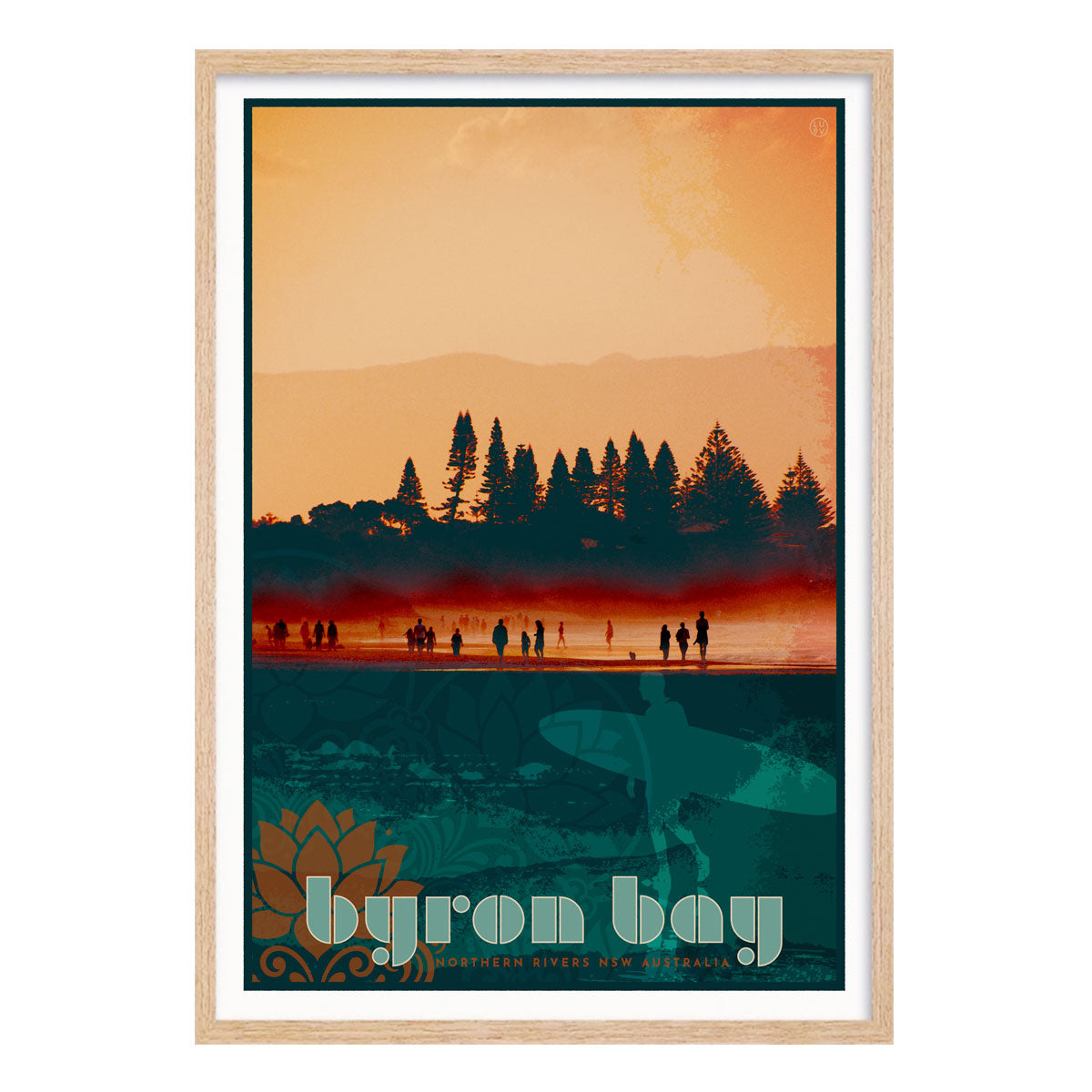 Byron Bay Beach retro vintage poster print in oak frame from Places We Luv