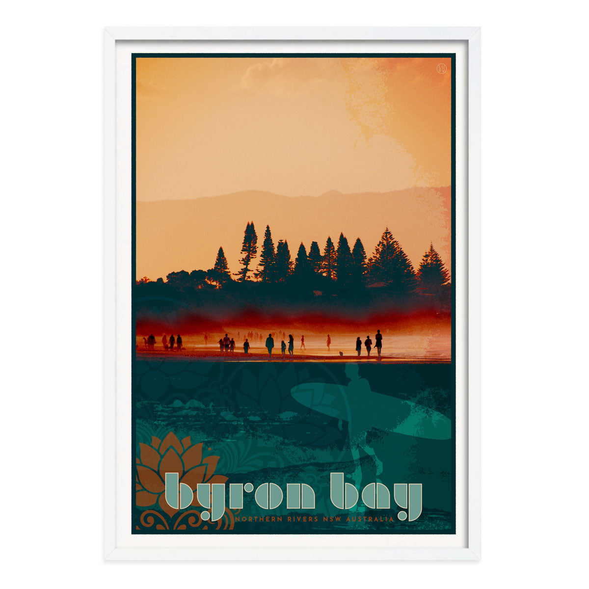 Byron Bay Beach retro vintage poster print in white frame from Places We Luv