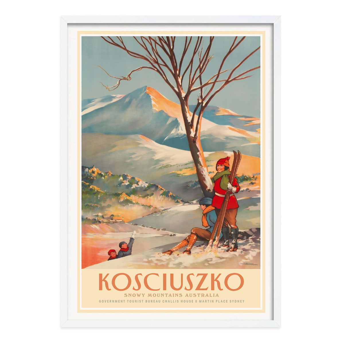 Mt Kosciuszko Winter retro vintage Poster Print in white frame from Places We Luv
