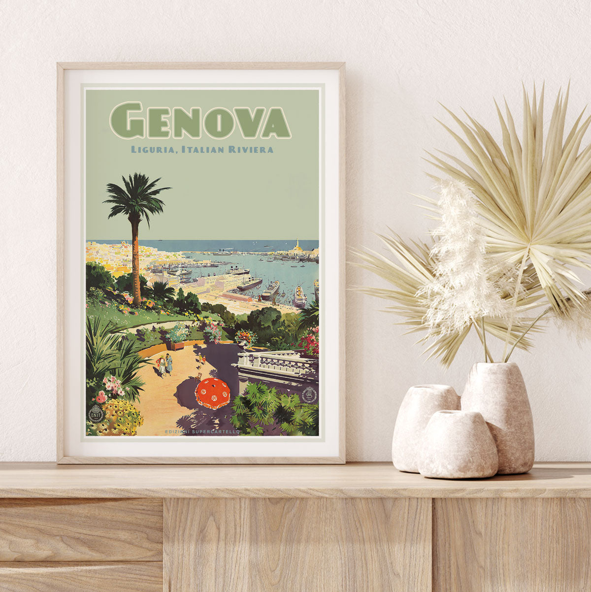 Genova Italy retro travel framed poster in room from Places We Luv