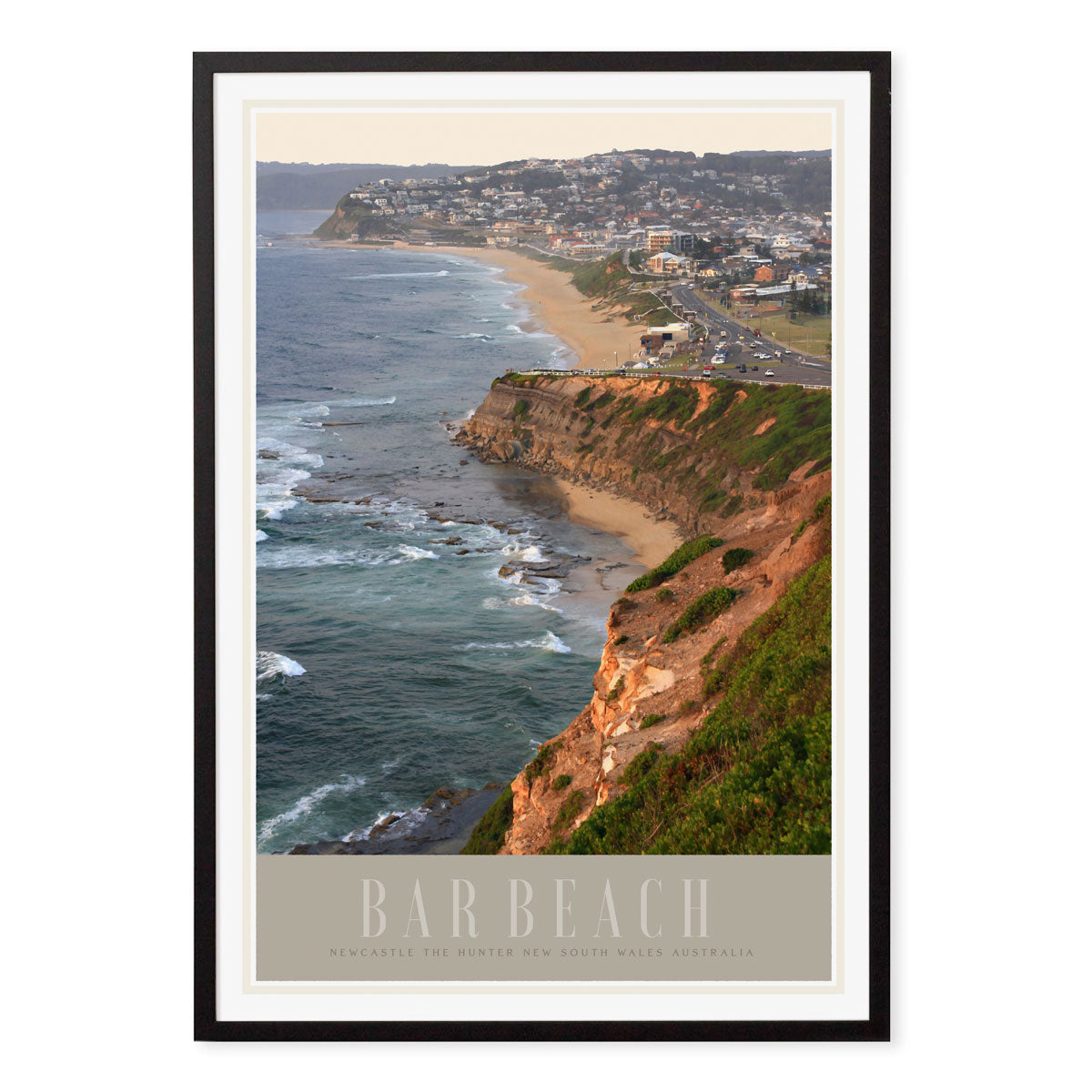 Newcastles Bar Beach vintage retro poster print in black frame by placesweluv