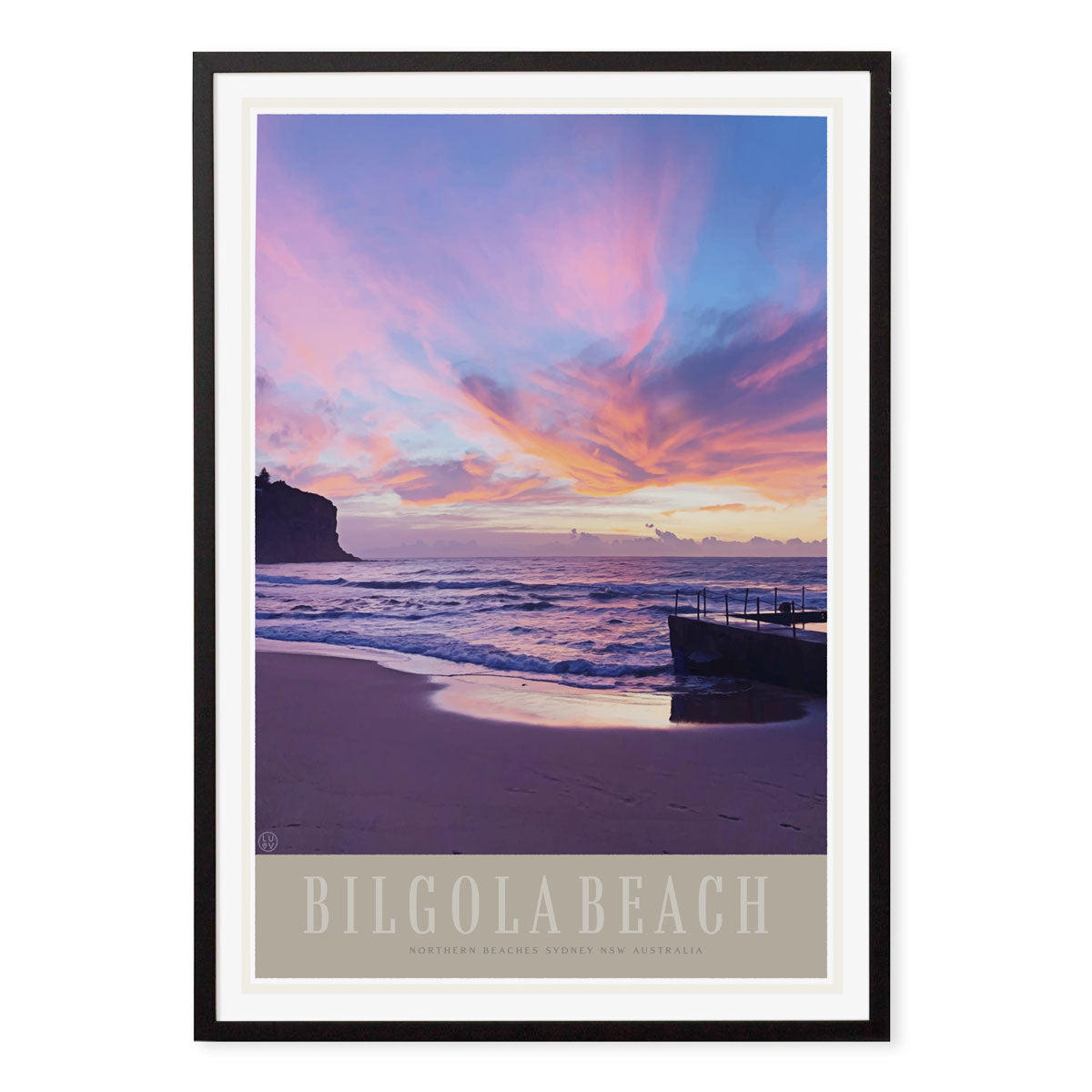 Bilgola Beach retro vintage travel poster print in black frame from Places We Luv
