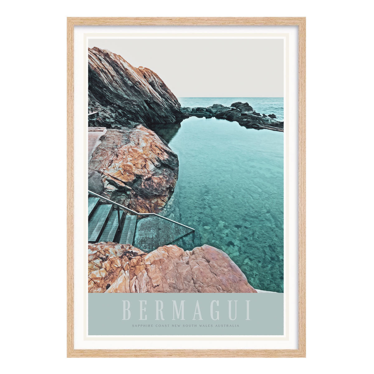 Bermagui NSW retro vintage poster in oak frame by Places We Luv