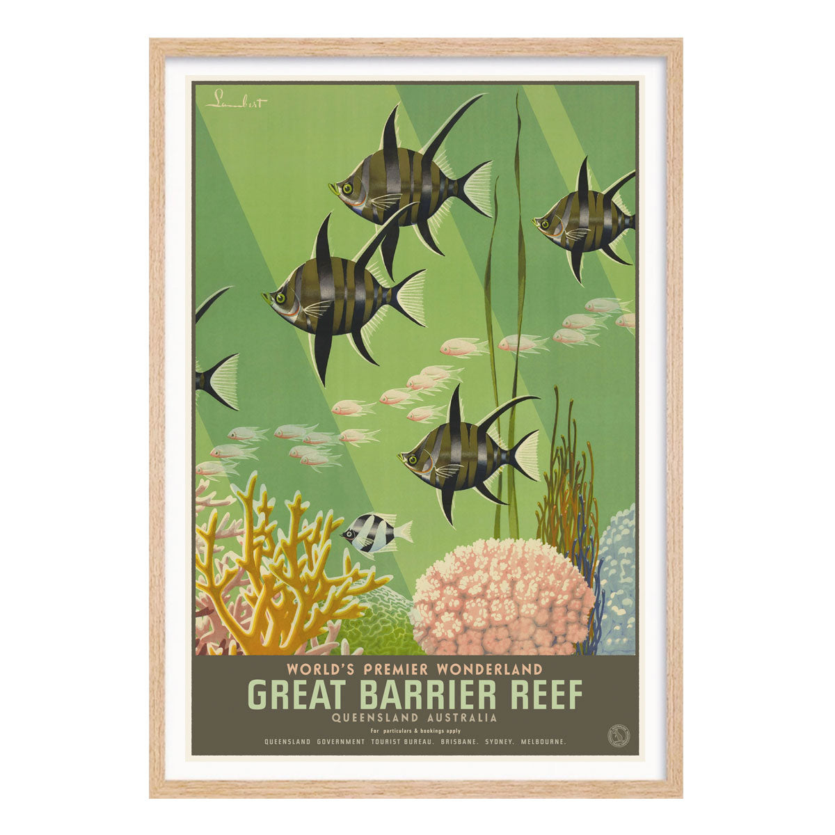 Great Barrier Reef vintage retro poster print in oak frame from Places We Luv
