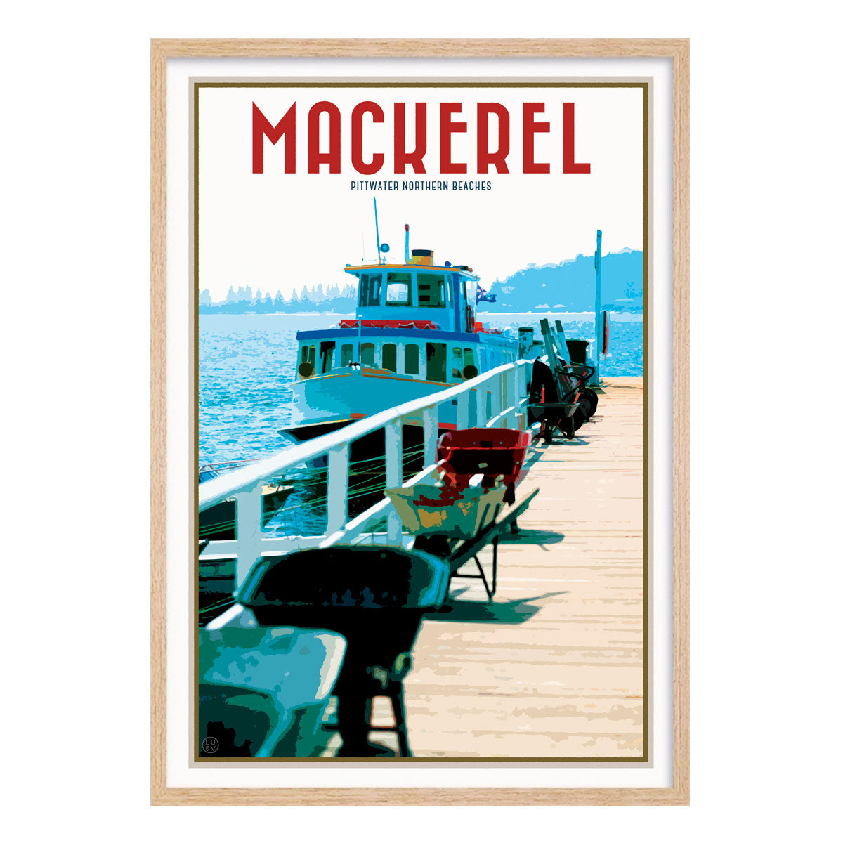 Mackerel Pittwater vintage retro poster print in oak frame by Places We Luv