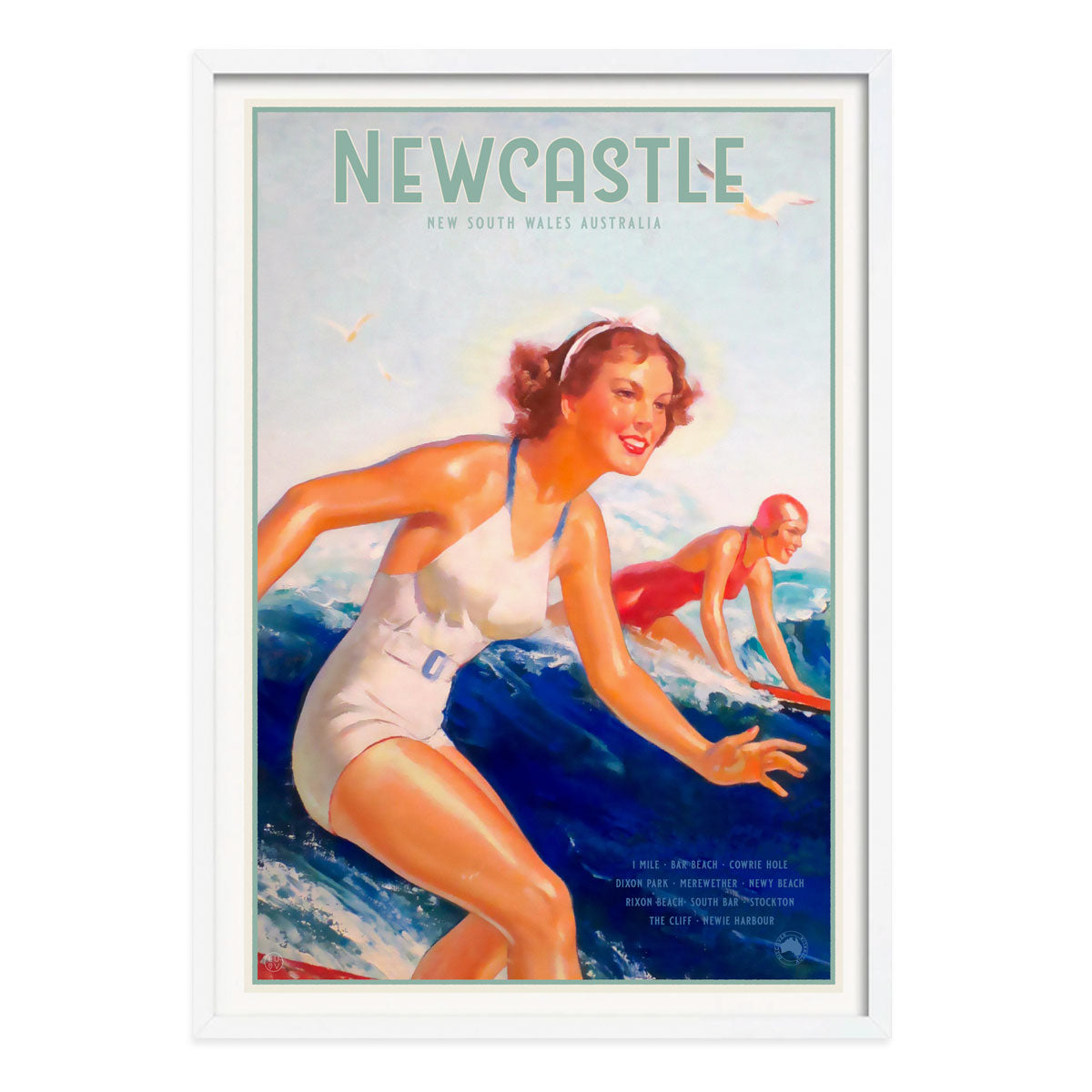 Newcastle surfer vintage retro poster print in white frame from Places We Luv