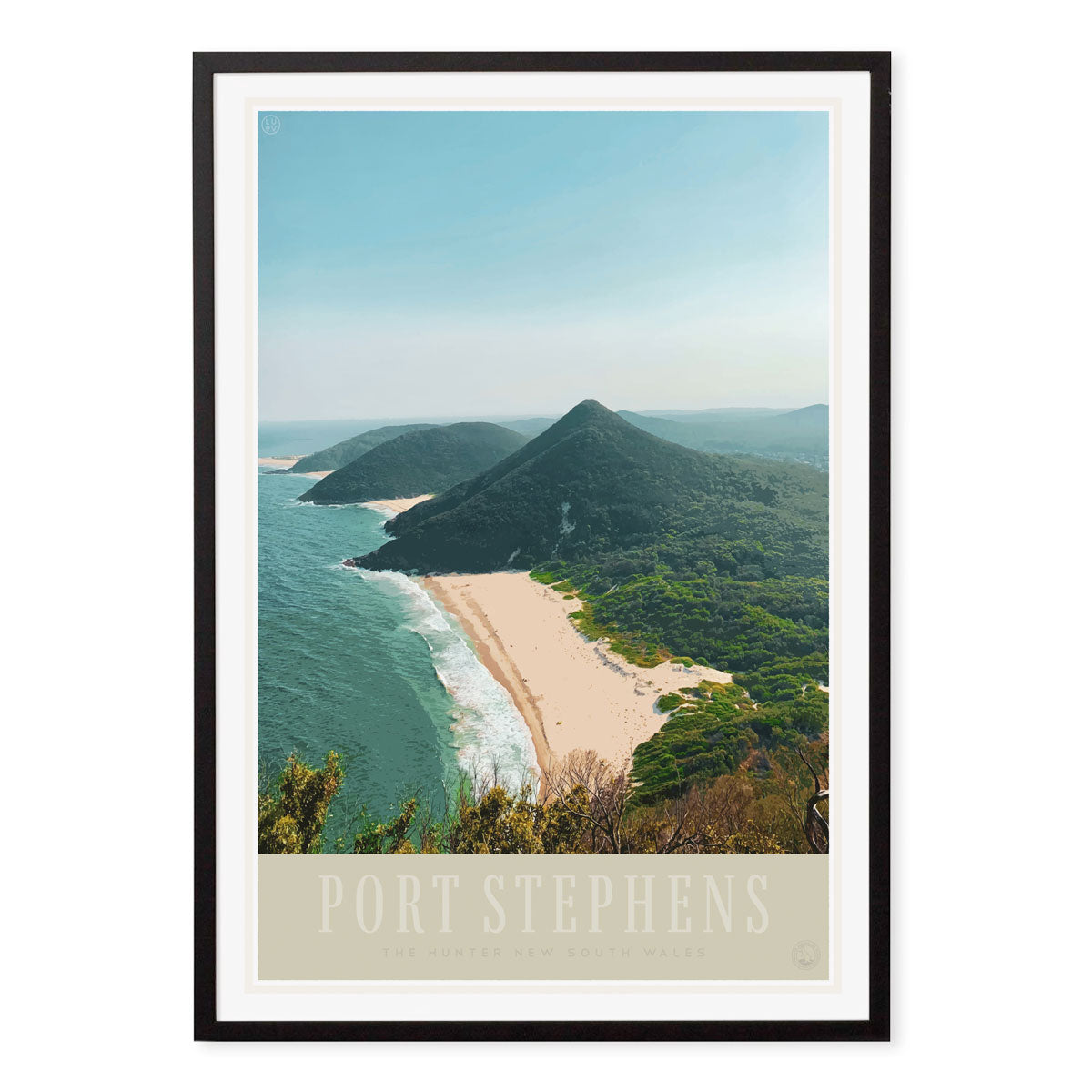 Port Stephens NSW vintage retro poster print in black frame from Places We Luv