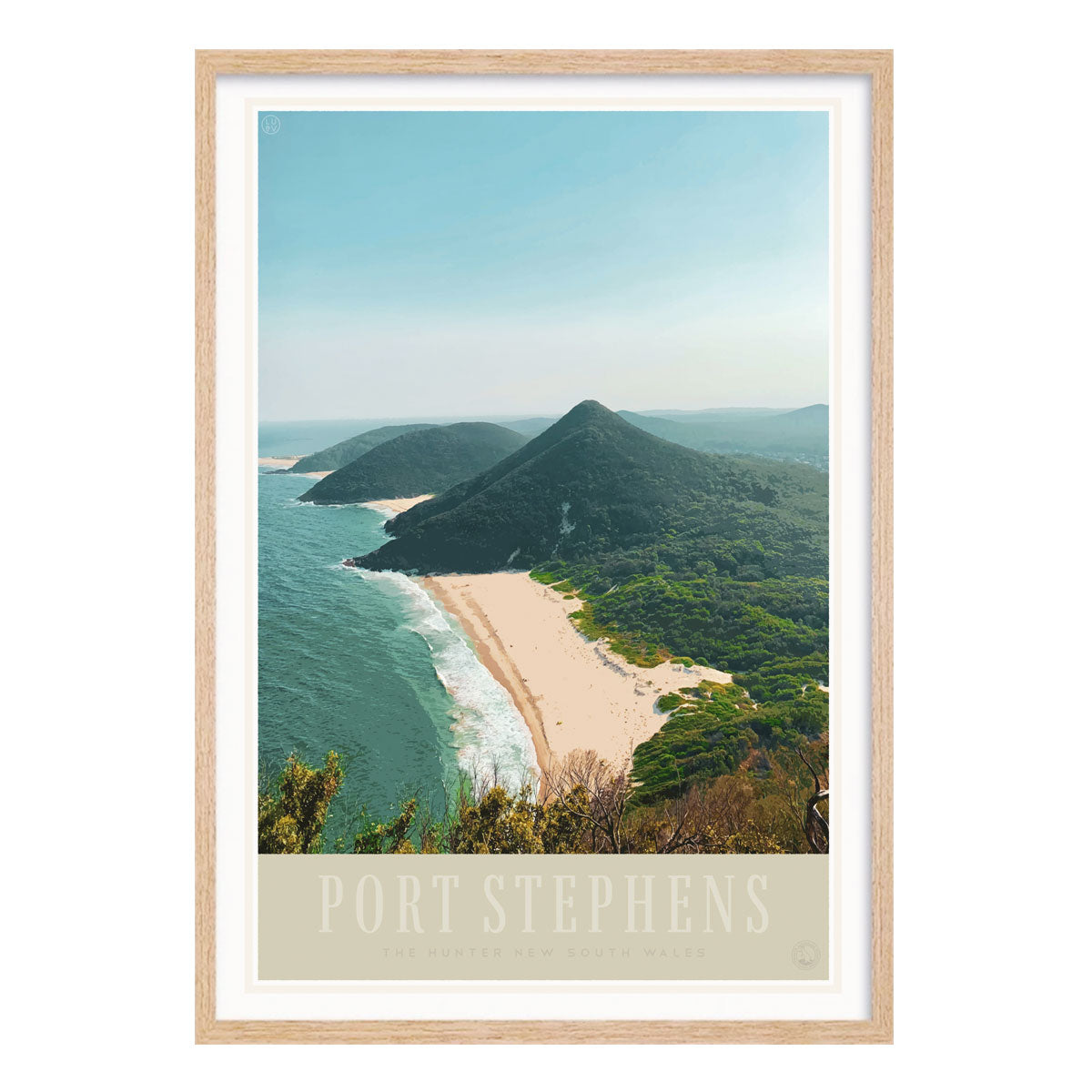 Port Stephens vintage retro poster print in oak frame from Places We Luv