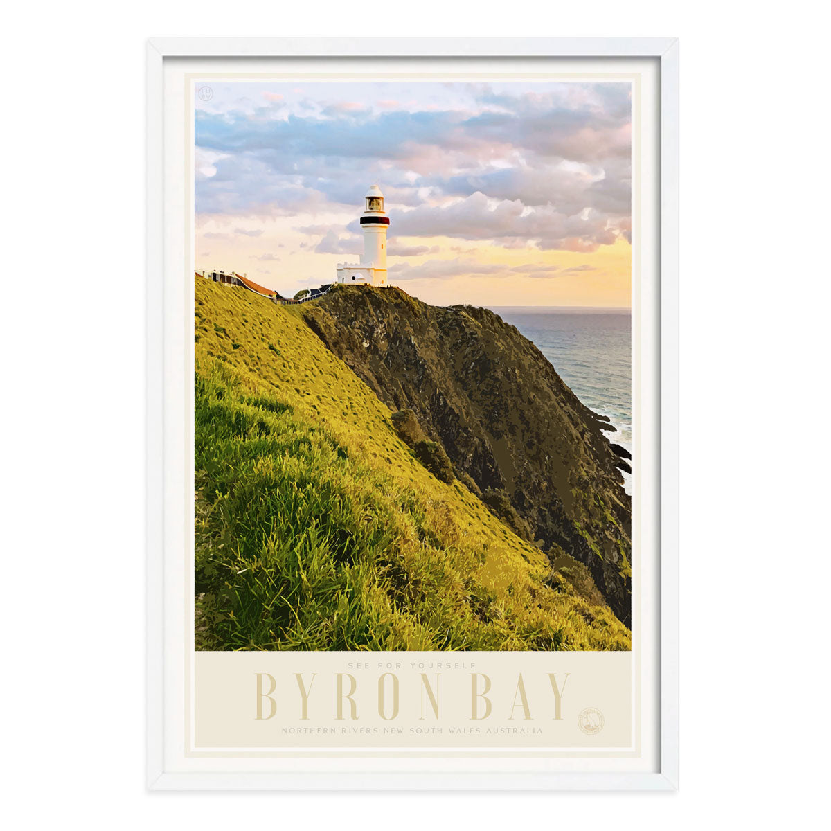 Byron Bay retro vintage travel prints posters in white frame by places we luv