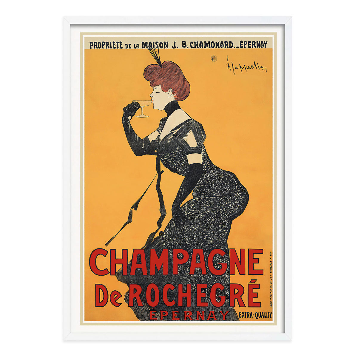 French Champagne De Rochegre vintage retro advertising poster in white frame Places We Luv