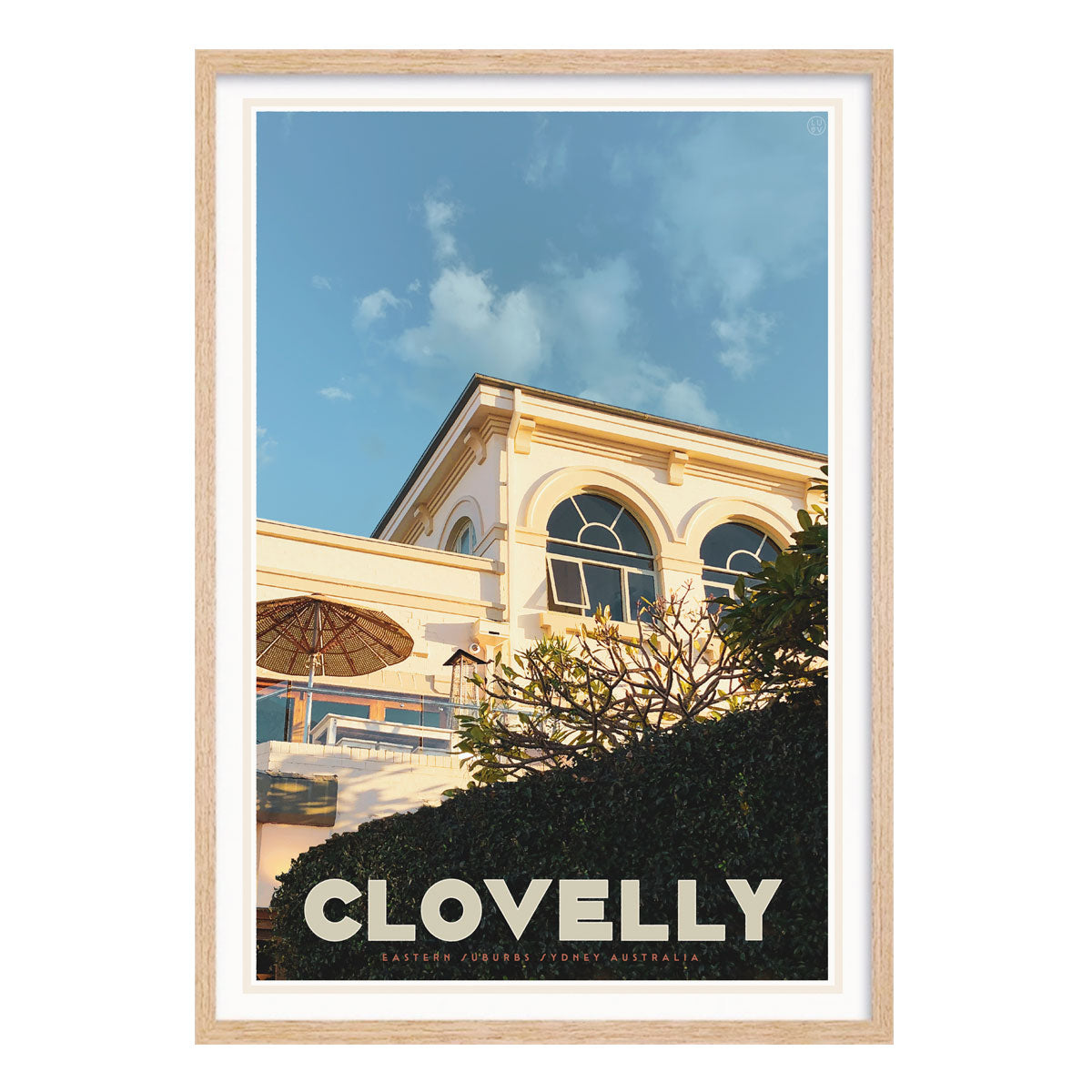 Clovelly NSW retro vintage poster print in oak frame by Places We Luv