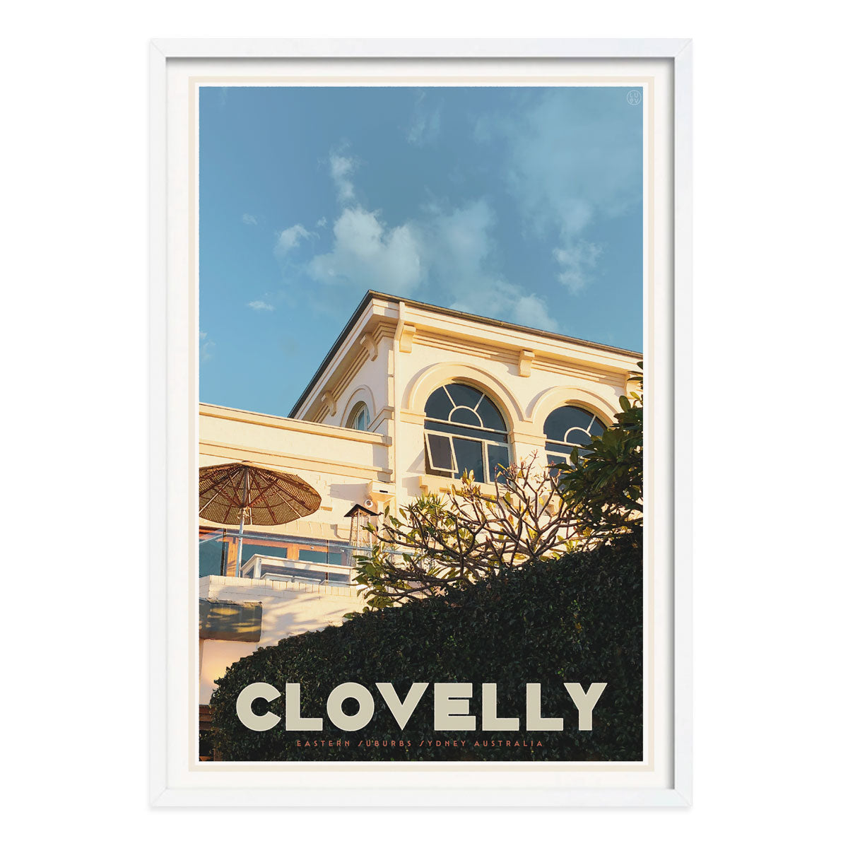 Clovelly NSW retro vintage poster print in white frame by Places We Luv