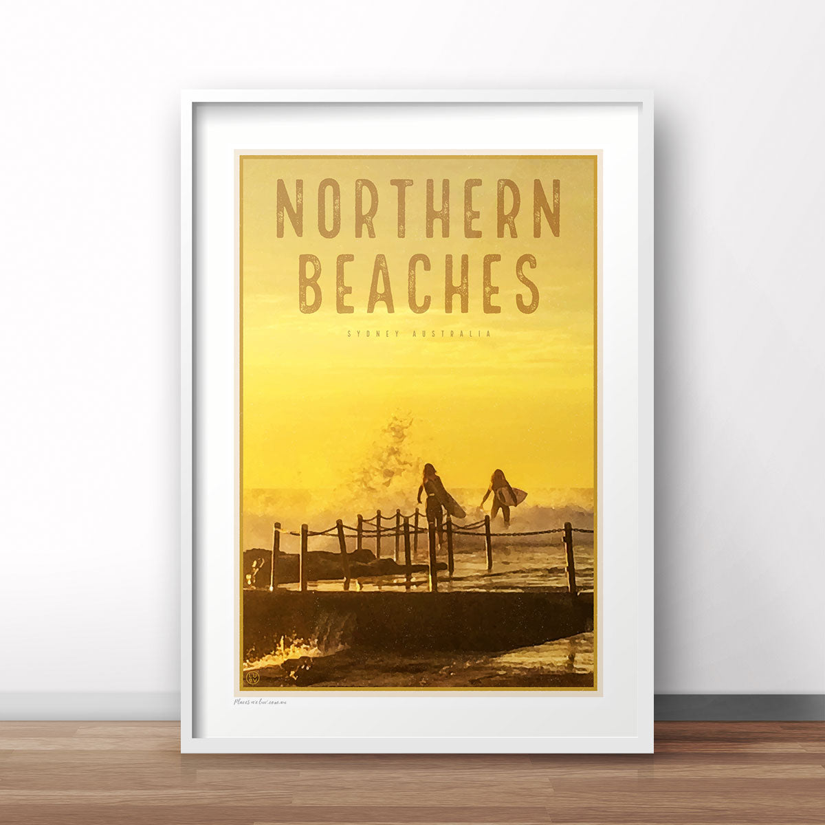 Northern Beaches vintage travel style white framed prints by Places We Luv
