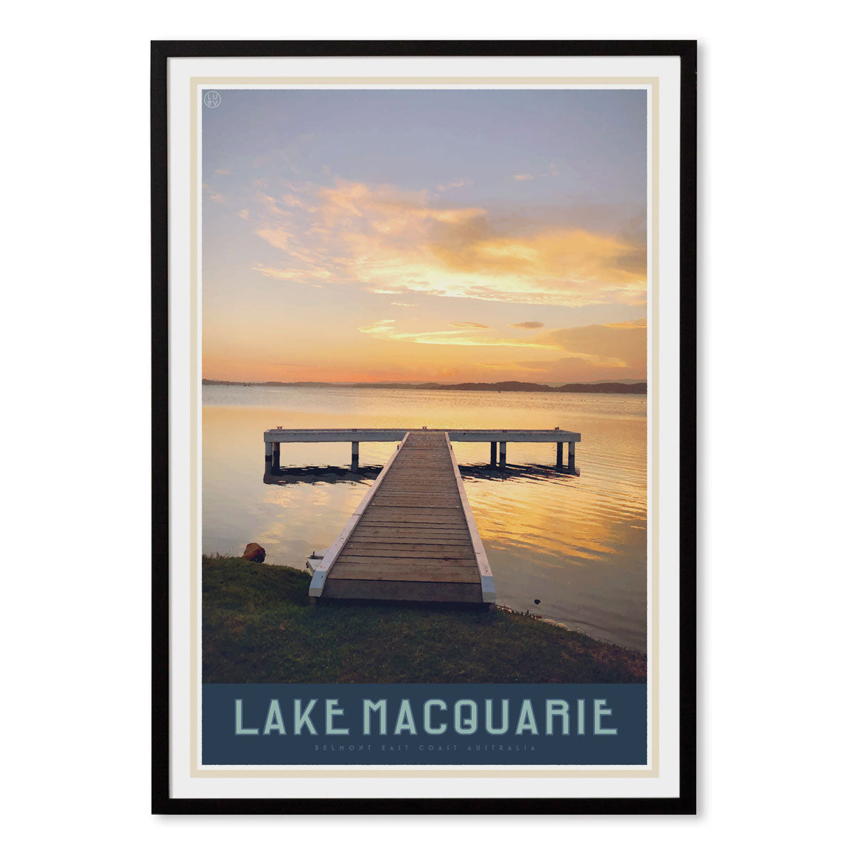 Lake Macquarie vintage travel style black framed print by places we luv