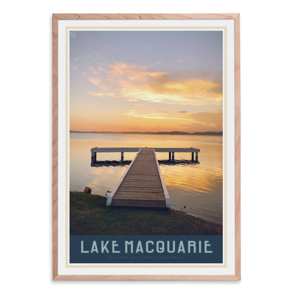 Lake Macquarie vintage travel style oak framed print by places we luv