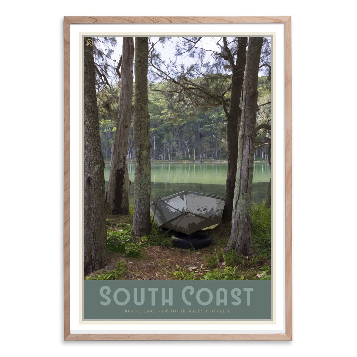 South Coast print in raw wood frame, vintage travel style designed by Places We Luv