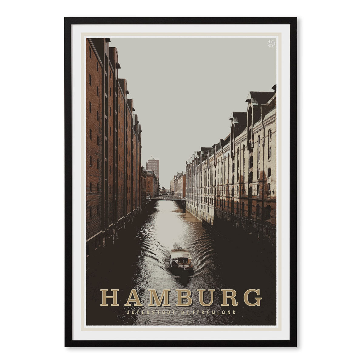 Hamburg vintage travel style black framed print by places we luv