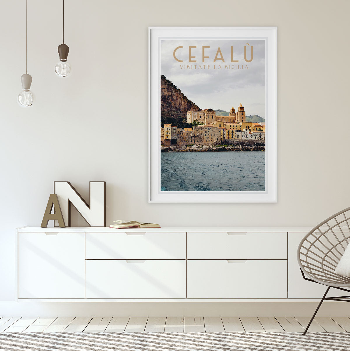 Cefalu Sicily, vintage retro poster print in lounge room from Places We Luv