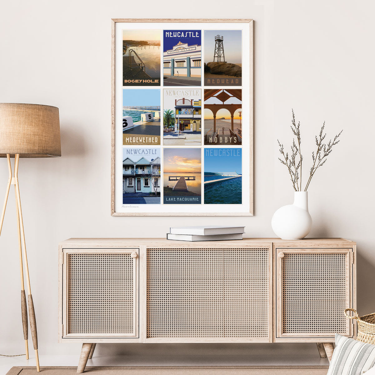 Newcastle beaches mixed vintage travel style framed print places we luv