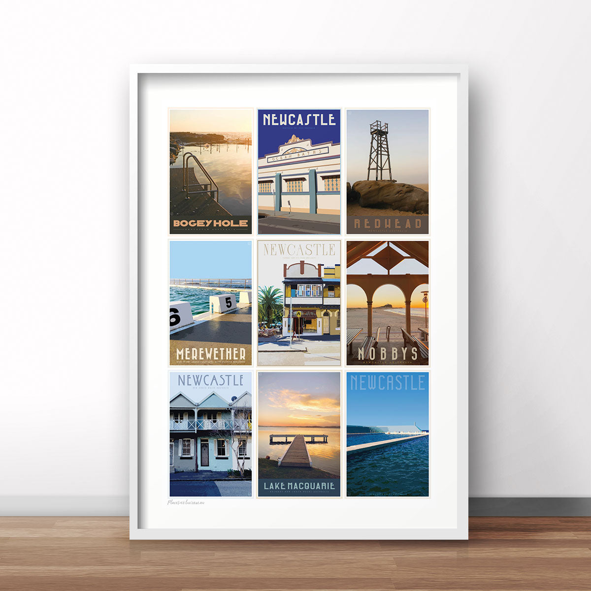 Newcastle beaches mixed vintage travel style black framed print places we luv