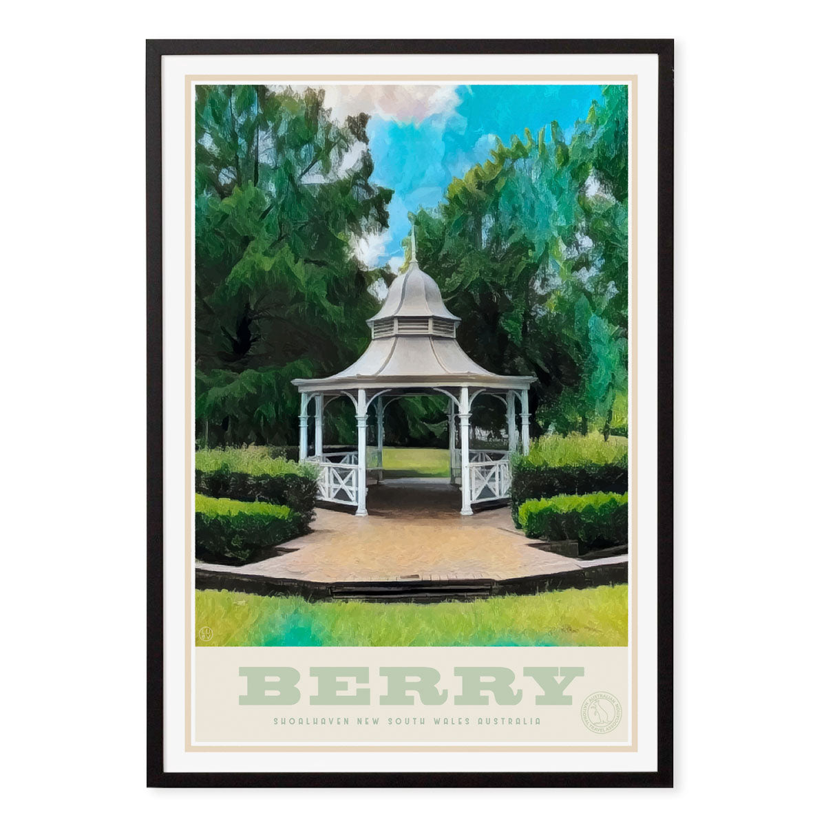 Berry Rotunda Australia retro travel poster print in black frame from Places we Luv