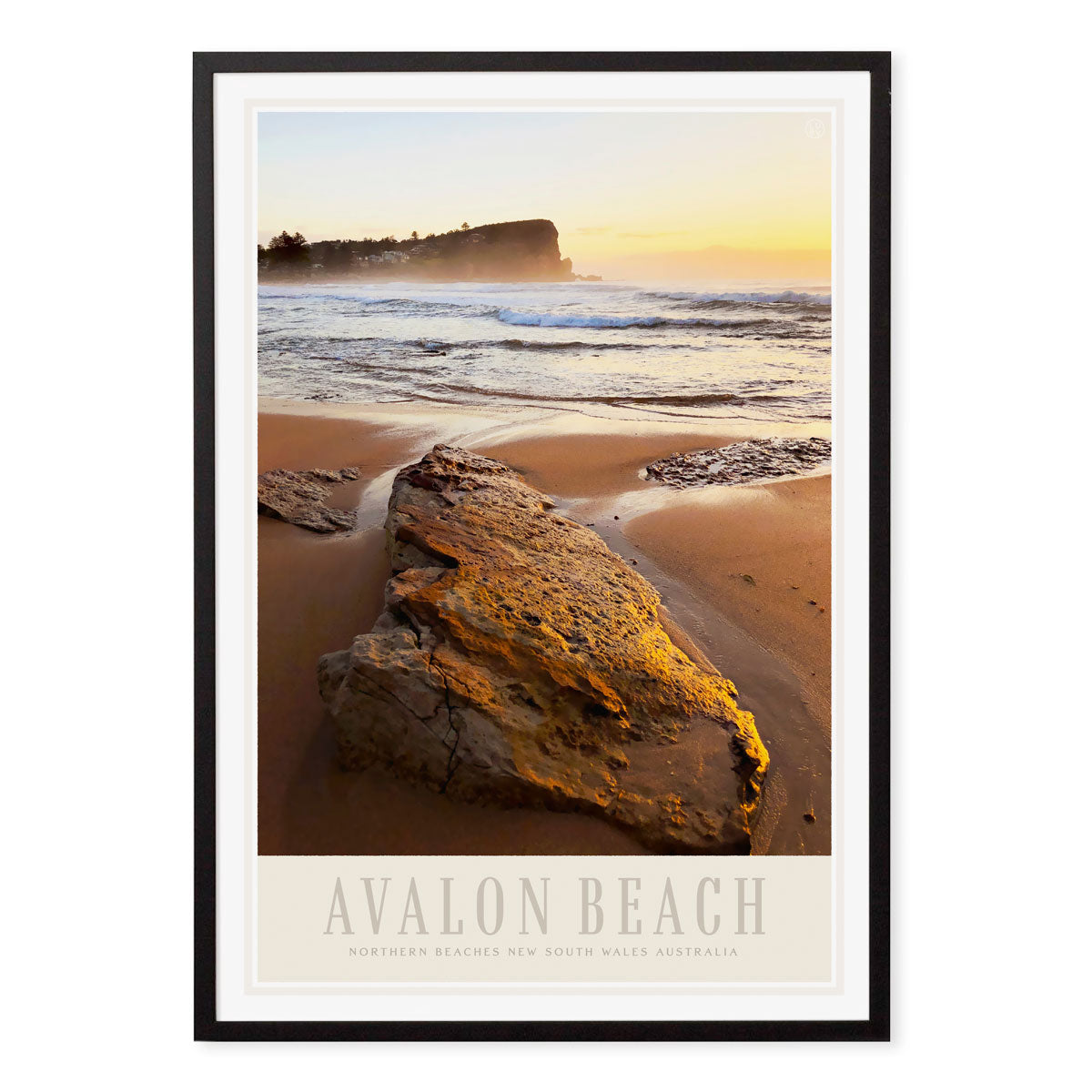 Black framed Avalon Beach golden sands vintage retro poster from Places we Luv