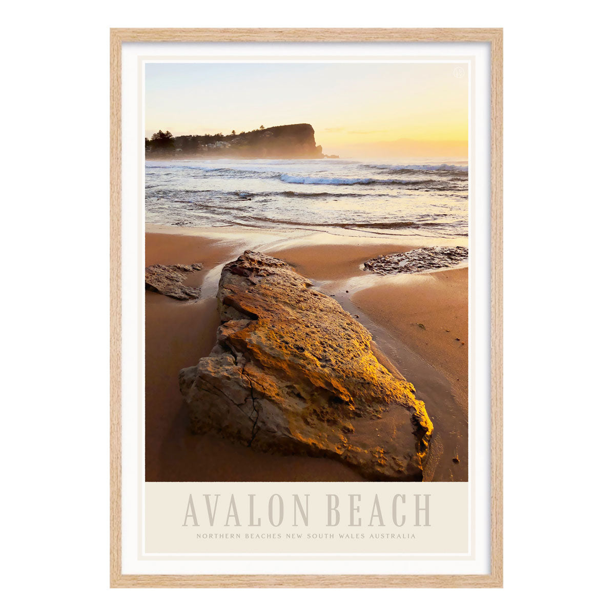 Oak framed Avalon Beach golden sands vintage retro poster from Places we Luv