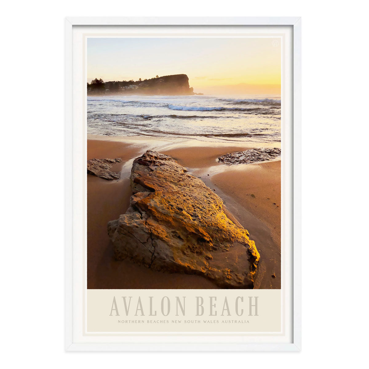 White framed Avalon Beach golden sands vintage retro poster from Places we Luv