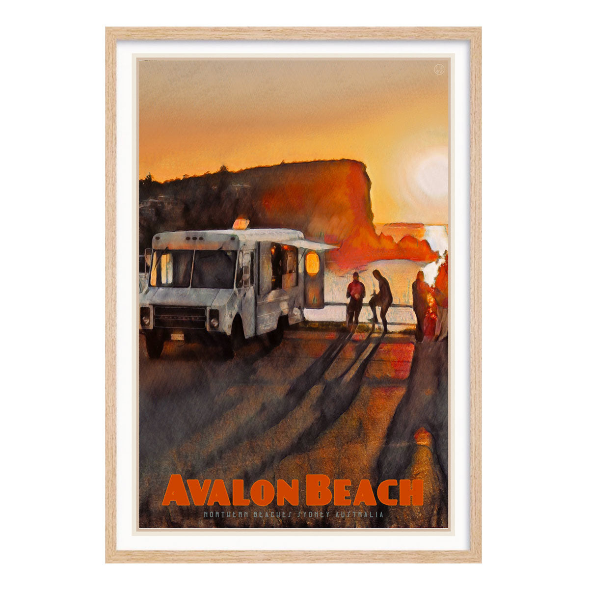 Avalon Beach Headland morning retro vintage print in oak frame by Places we luv 