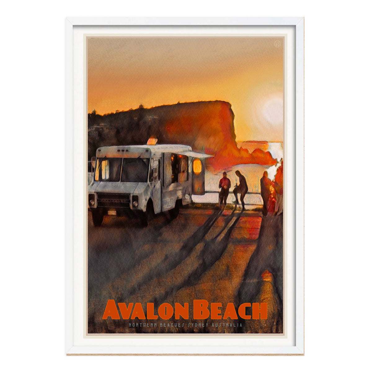 Avalon Beach Headland morning retro vintage print in white frame by Places we luv 