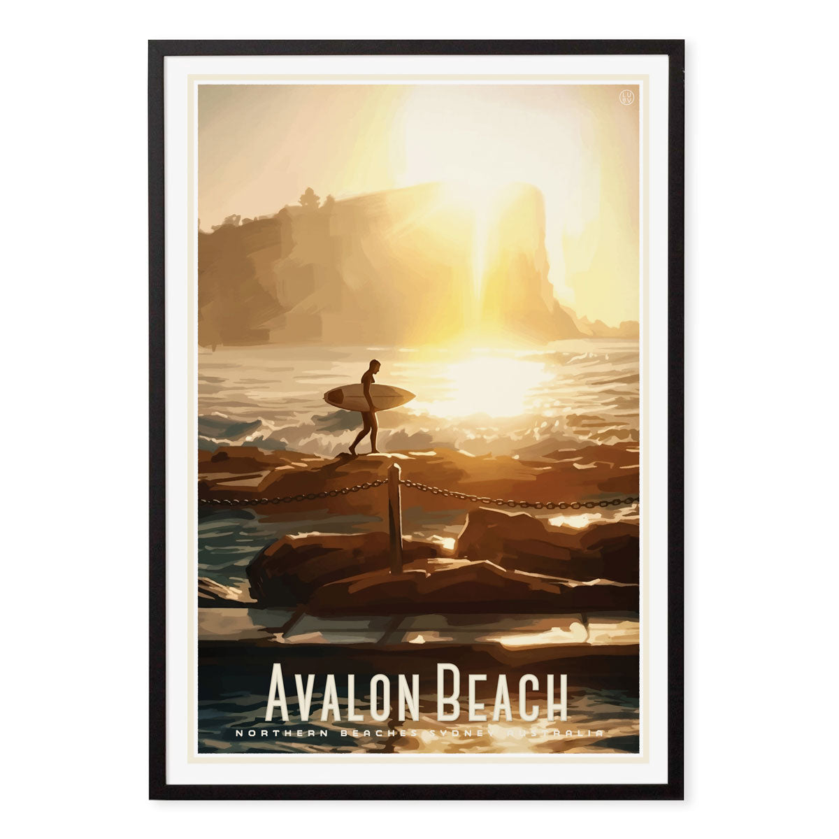 Avalon Beach surfer vintage retro poster black framed print from Places We Luv