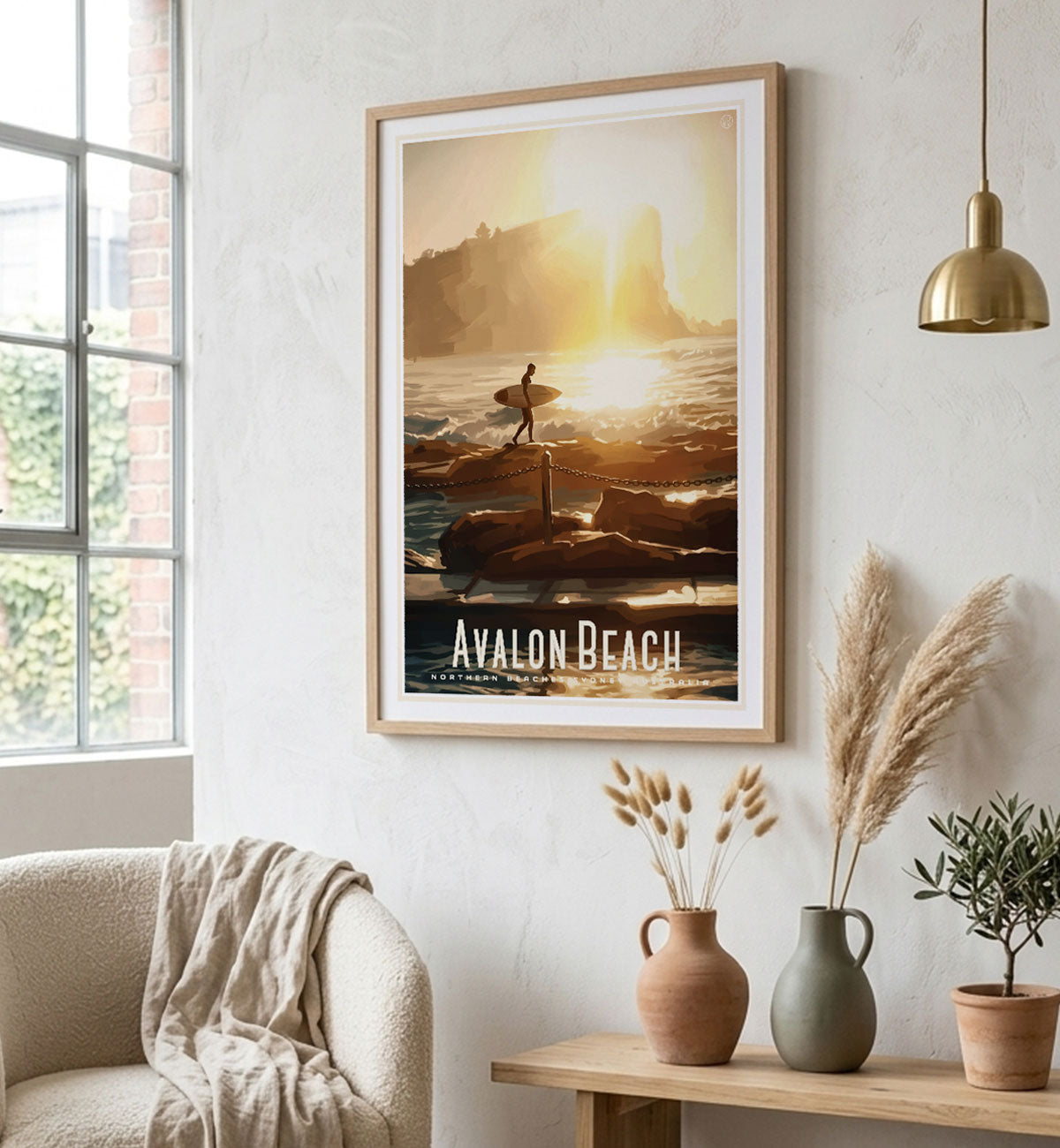 Avalon Beach surfer vintage retro poster print framed in room from Places we Luv