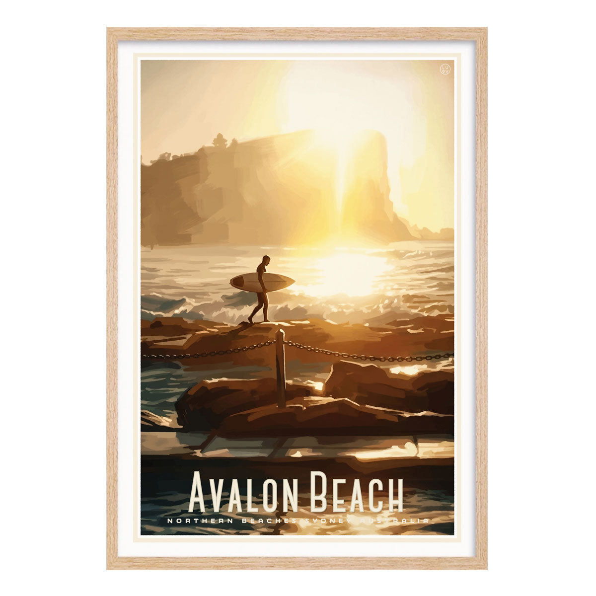 Avalon Beach vintage retro poster print framed in raw wood from Places we Luv
