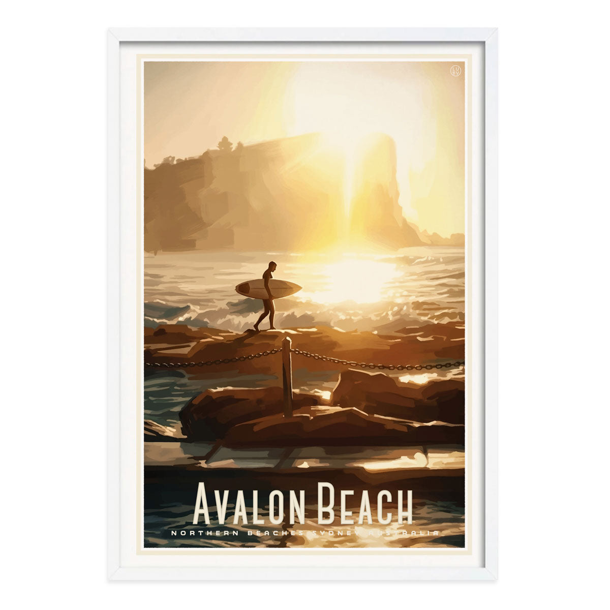 Avalon Beach surfer vintage retro poster white framed print from Places We Luv