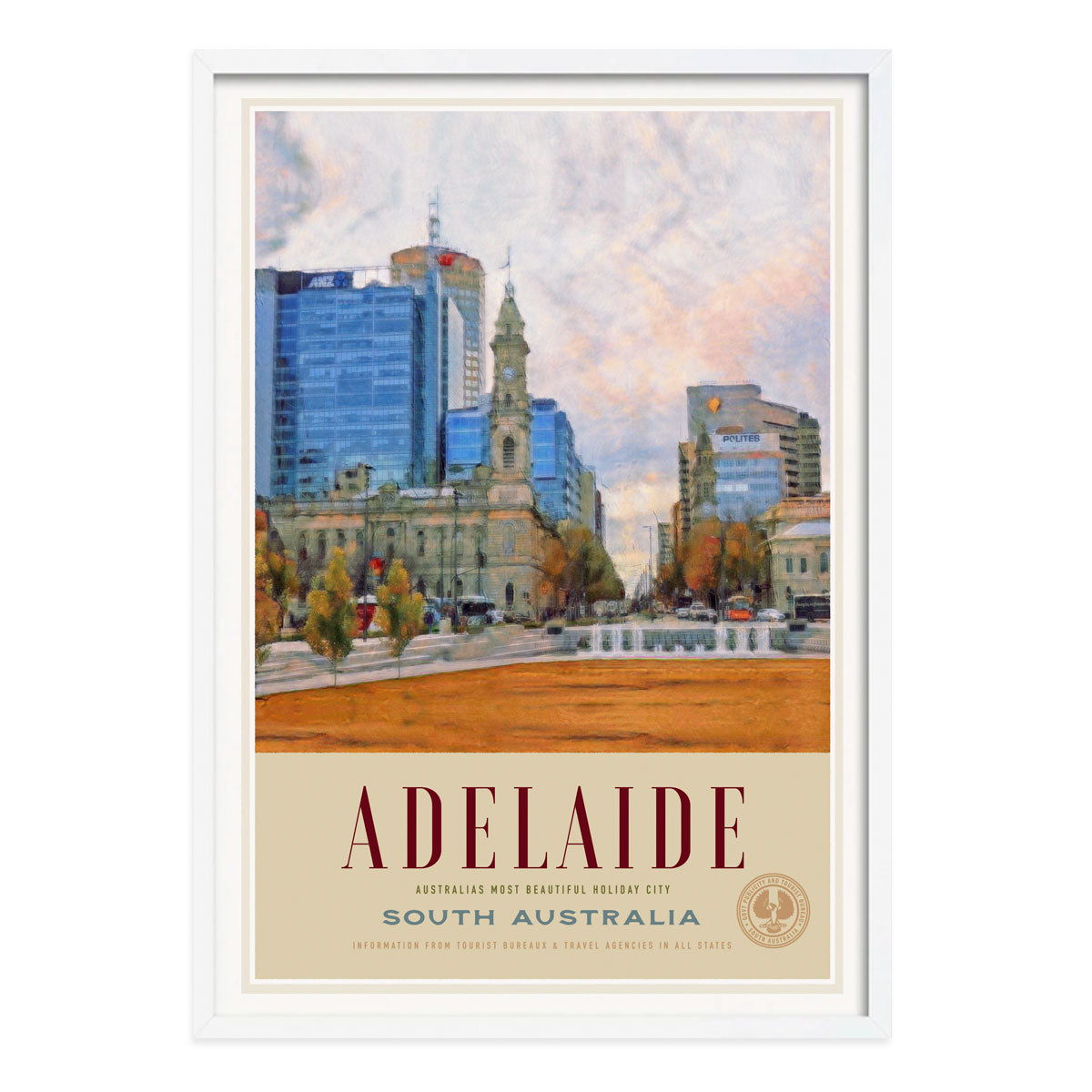 Adeliade SA Australia retro vintage poster print in white frame from Places We Luv