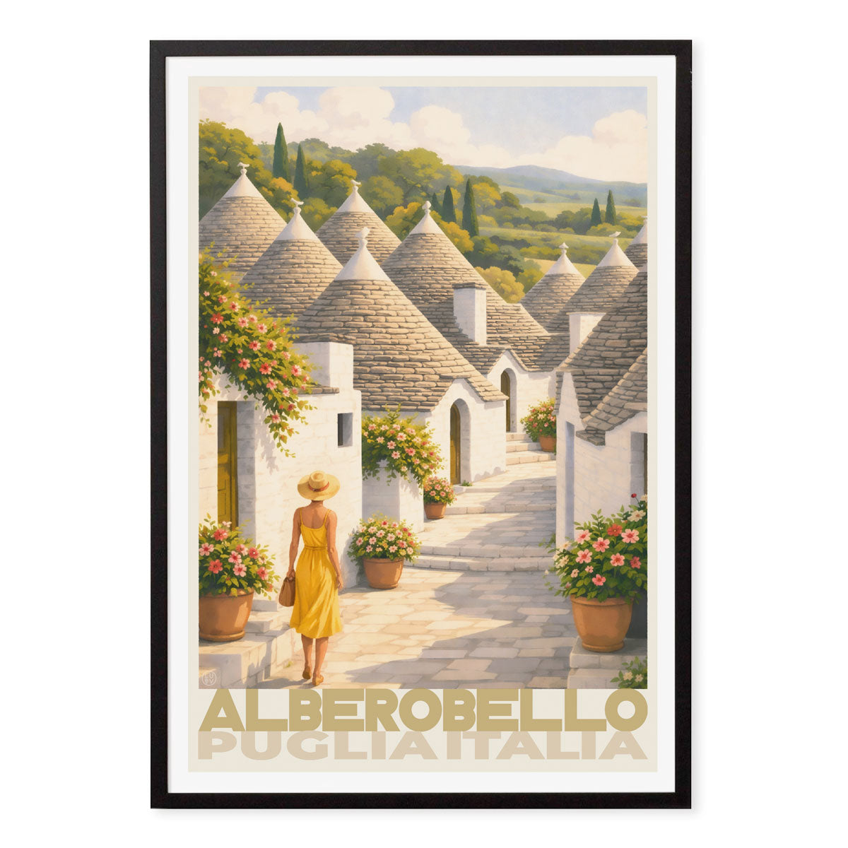 Alberobello Puglia Italy retro vintage poster prints in black frame from Places We Luv  