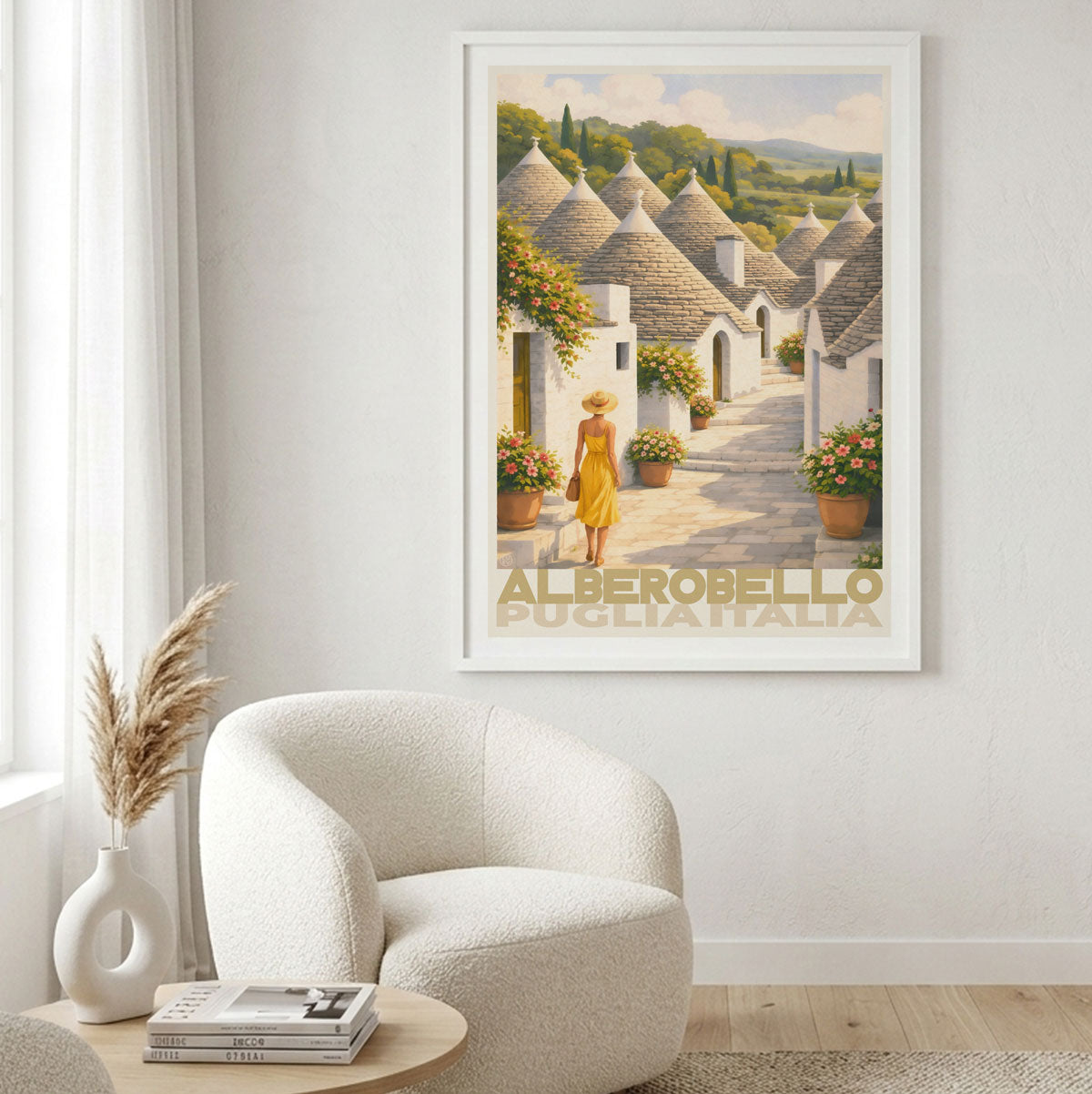 Alberobello Puglia Italy retro vintage poster prints in white lounge room from Places We Luv  