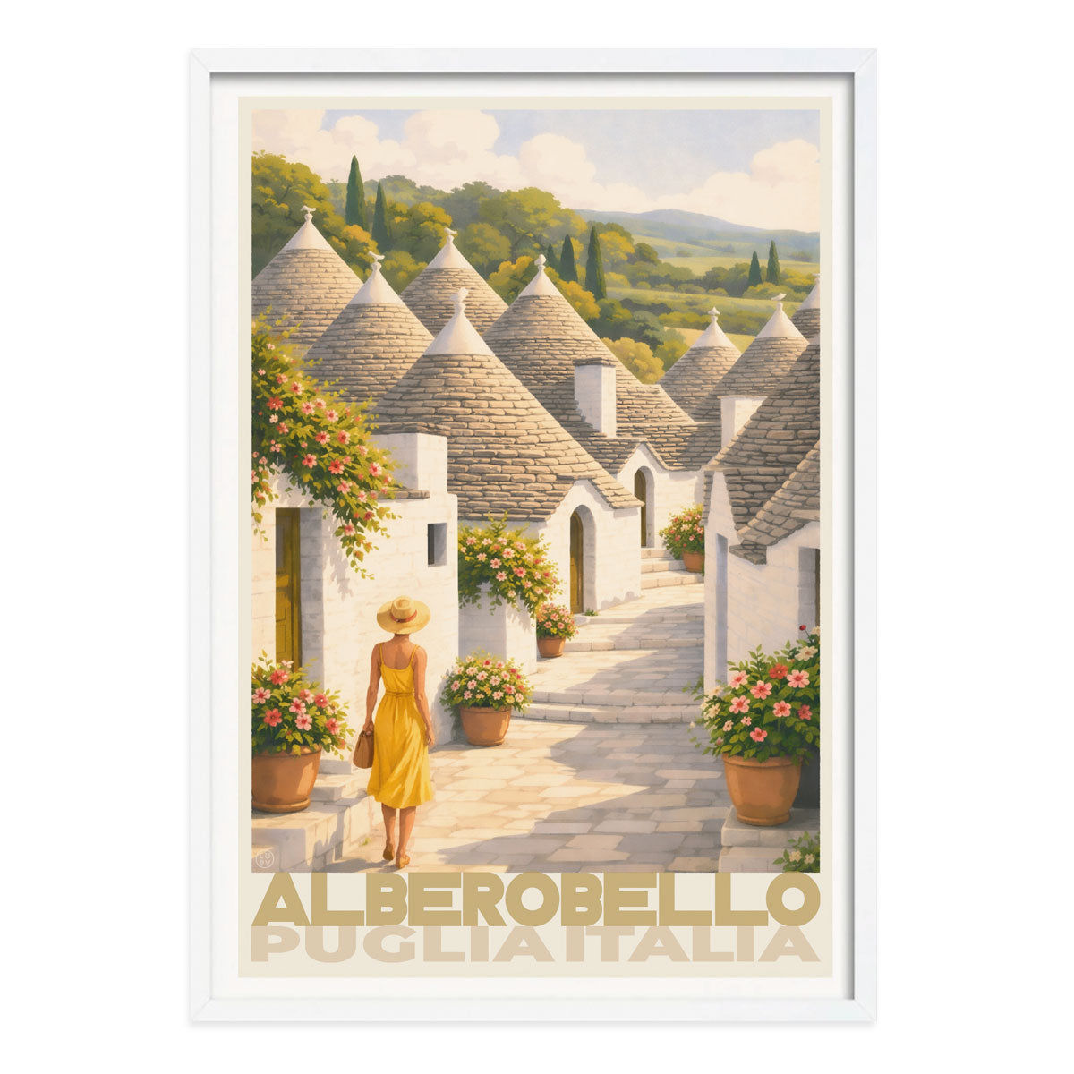 Alberobello Puglia Italy retro vintage poster prints in white frame room from Places We Luv  