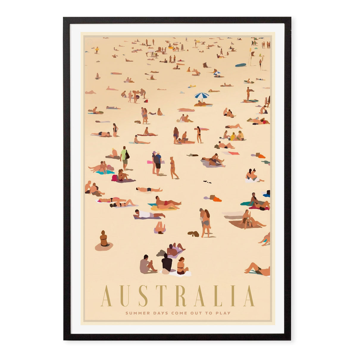 Australian Beach Goers retro vintage print poster in black frame from Places We Luv