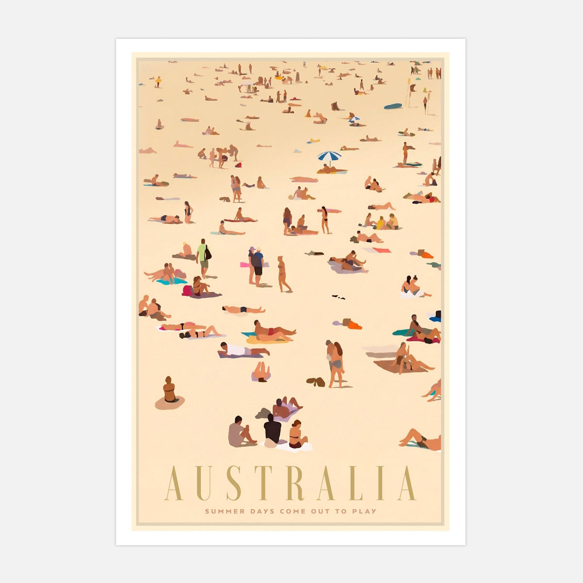 Australian Beach Goers retro vintage print poster in white frame from Places We Luv