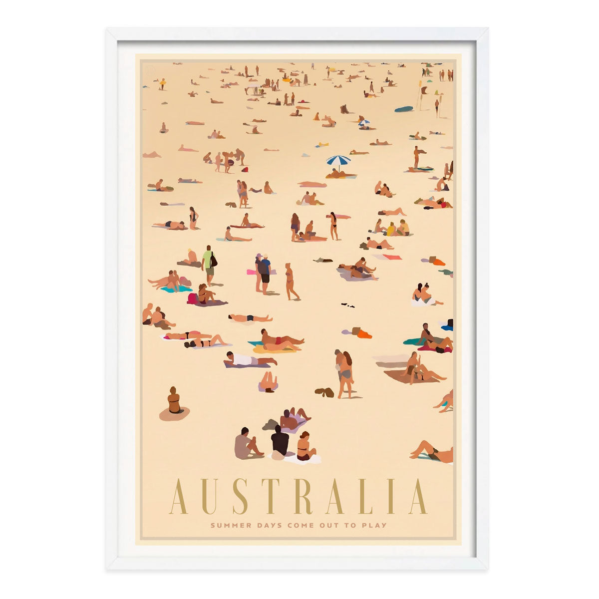 Australian Beach Goers retro vintage print poster in white frame from Places We Luv