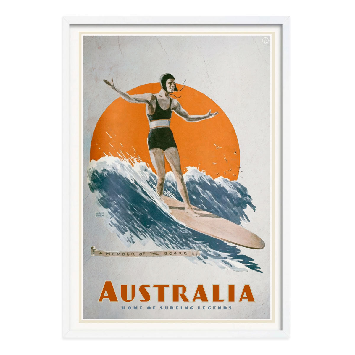 Australia retro surfer on longboard poster print in white frame from Places We Luv