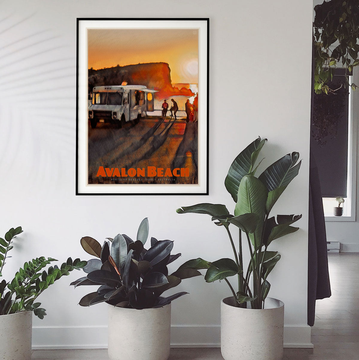 Avalon Beach Headland morning retro vintage poster in room by Places we luv 