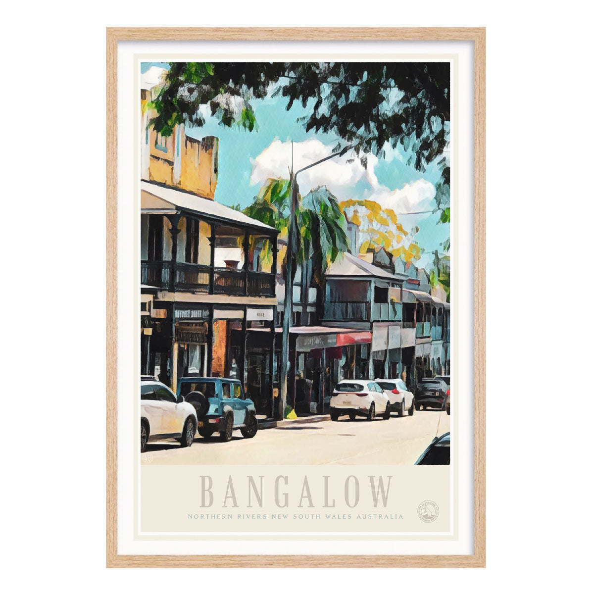 Bangalow vintage retro travel poster print in oak frame from Places We Luv