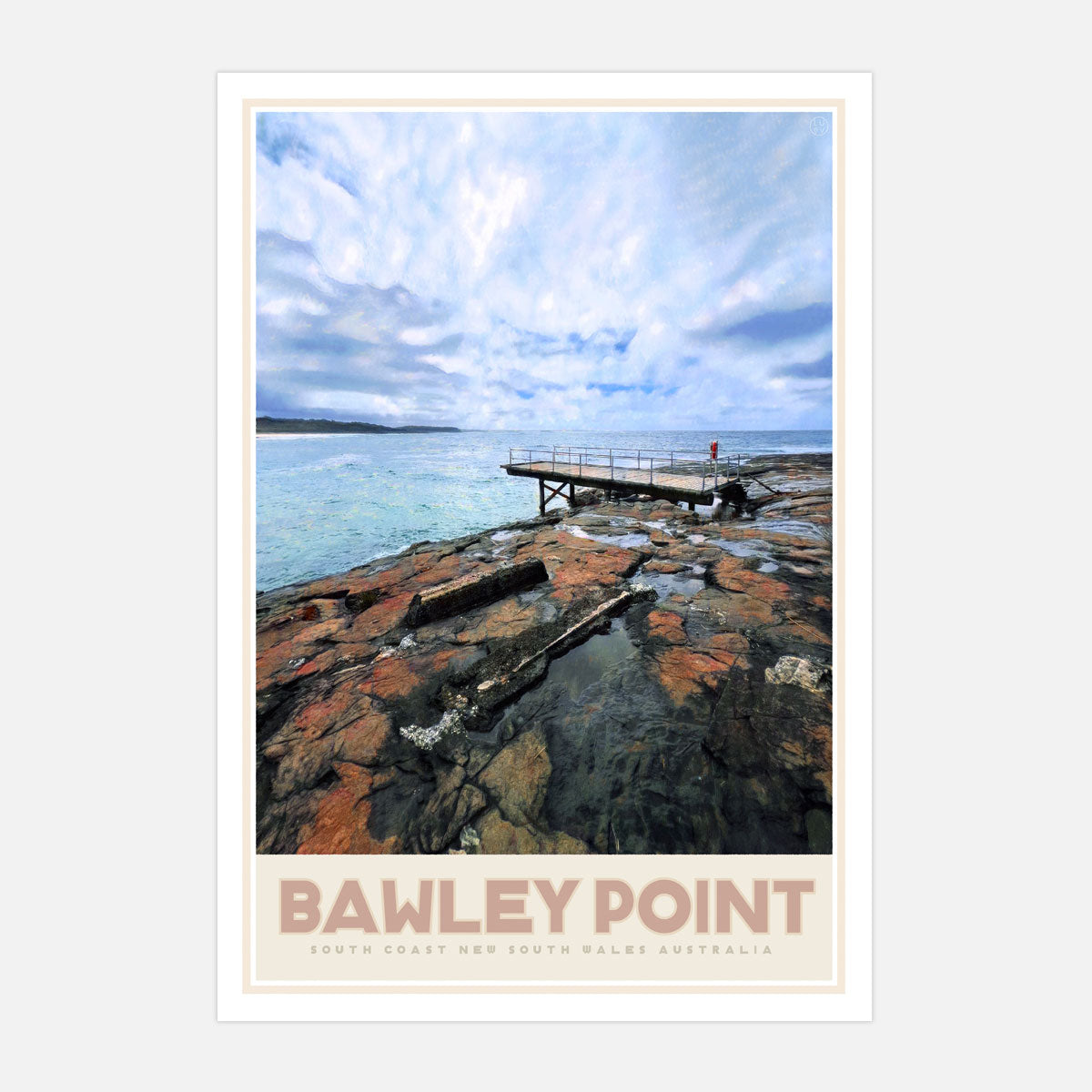 Scenic view of Bawley Point with a dock over water and rocky shore.