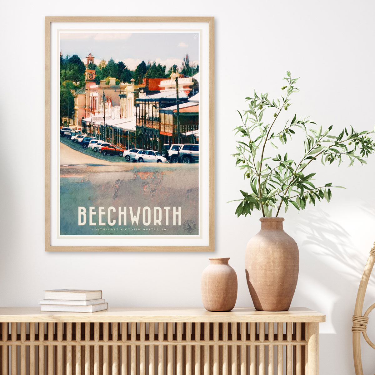 Beechworth VIC Australia vintage style framed poster, in room from Places we luv