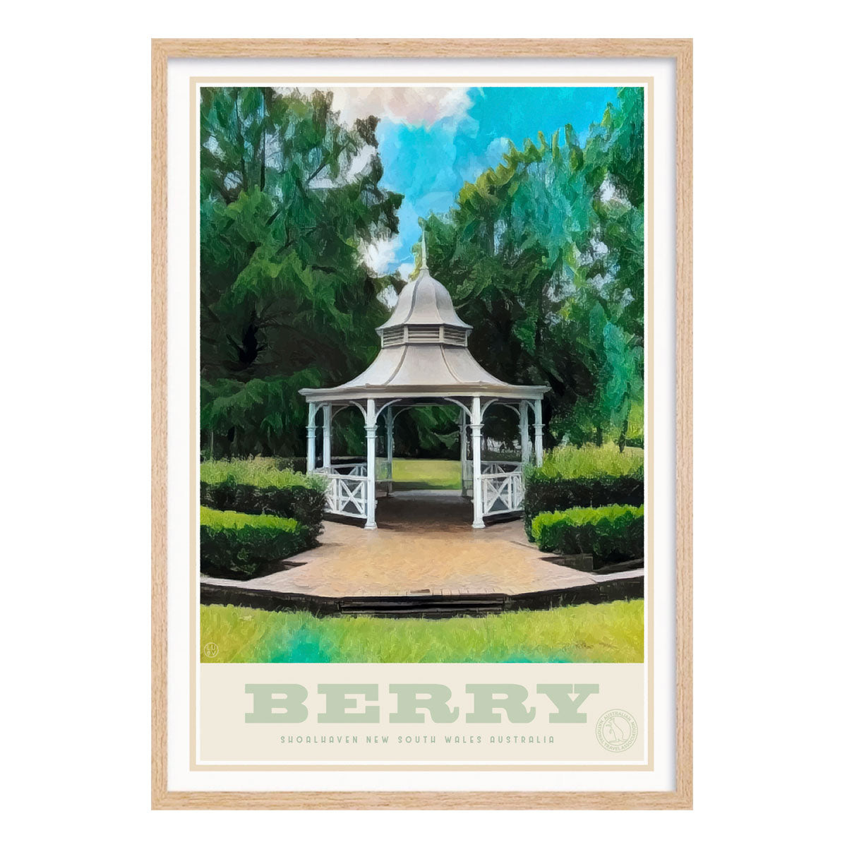 Berry Australia retro travel poster print in oak frame from Places we Luv