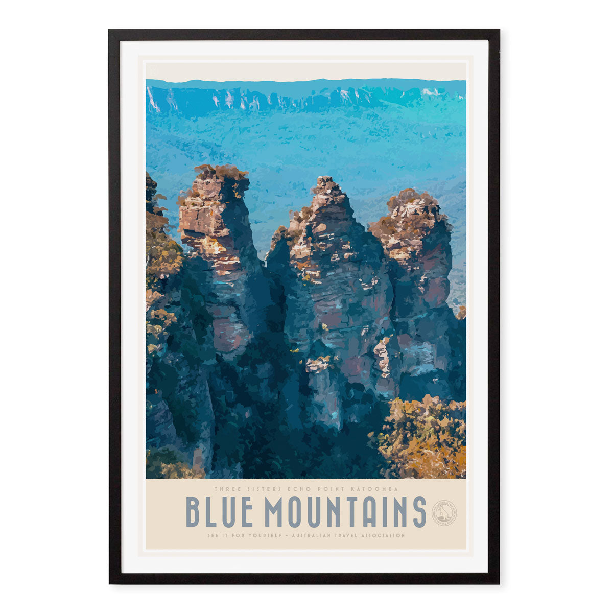 Sydney Blue Mountains vintage retro poster print in black frame from Places We Luv